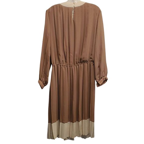 Liz Roberts Women's Tan & Cream Pleaded Elastic Waist Midi Retro Dress Size 14 - Picture 2 of 7
